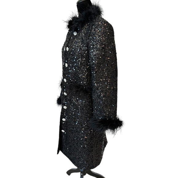 🎁 Gorgeous Black Sequin Faux Fur Long Jacket - Picture 4 of 10